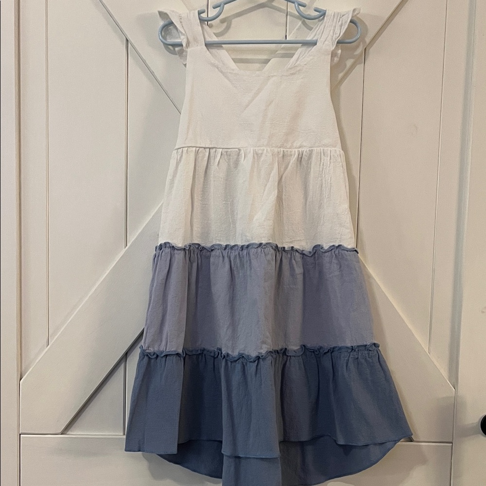 Charming White and Blue Tiered Kids Dress